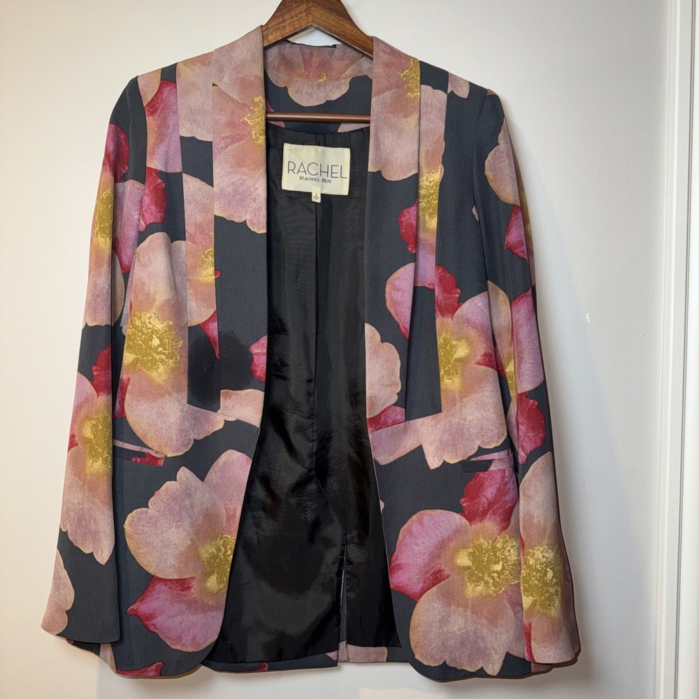 Rachel Roy Blazer Sz S Floral Black‎ Pink Open Front Shawl Jacket Blazer Women